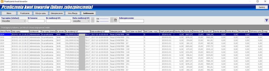 Do wykonania bilansu wymagane jest, aby wszystkie zamknięte sprawy przywozowe posiadały zamknięty (wstawiony) kwit dla wszystkich towarów.
