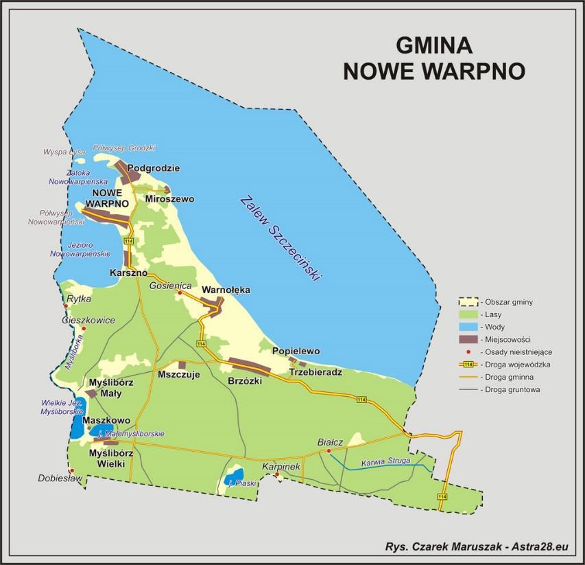 Rysunek 2 Gmina Nowe Warpno - źródło: Źródło: http://www.policki.astra28.eu/opis-gminy-2.html 4.1.2. Dane demograficzne Ludność Gminy Nowe Warpno na koniec grudnia 2017 roku liczyła 1644, co stanowi około 2 % mieszkańców powiatu i 0,1 % mieszkańców województwa.