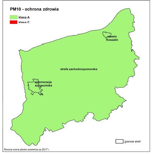 Pył zawieszony PM10 Poziom zanieczyszczenia powietrza pyłem zawieszonym PM10 ocenia się w odniesieniu do poziomów dopuszczalnych: - stężenie 24-godzinne 50 μg/m 3 dopuszczalna częstość przekroczeń to