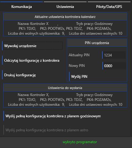 Zakładka Komunikacja: Zakładka Piloty/Data/GPS Wywołaj kontroler - po naciśnięciu przycisku powinniśmy usłyszeć krótki sygnał buzera wywołanego naszego KONTROLERA, Odczytaj konfigurację z kontrolera