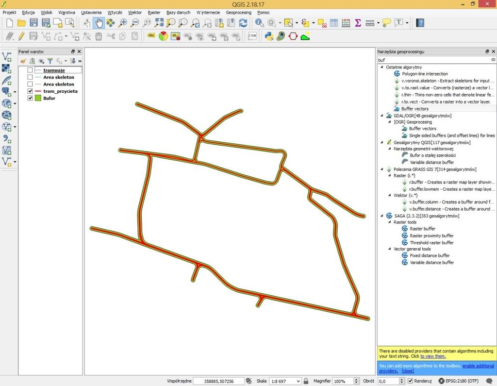 Jeżeli panel z narzędziami geoprocesingu nie jest otwarty, wyświetl go za pomocą skrótu klawiszowego (Ctrl+Alt+t). Odnajdź w nim wspomniany wyżej geoalgorytm Buffer vectors (buforuj wektory).
