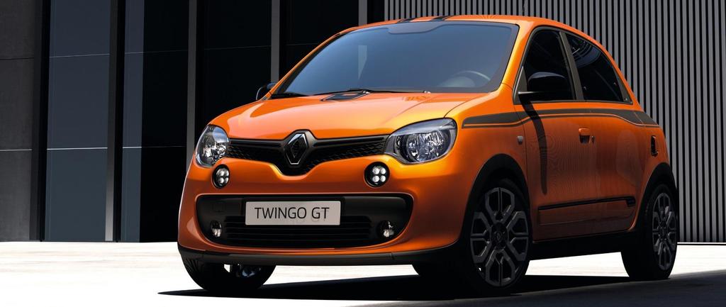 GŁÓWNE WYPOSAŻENIE TWINGO GT: Obniżone zawieszenie Sport Silnik o mocy 110 KM System wspomagania parkowania tyłem Klimatyzacja automatyczna Czujnik światła