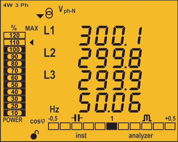 W profilu analyzer urządzenia, wyświetlanych jest 11 różnych ekranów (Tabela 8) oraz harmoniczne napięcia i prądu, do 31. harmonicznej, dla każdej z linii, L1, L2 i L3 ( 4.6.- HARMONICZNE.