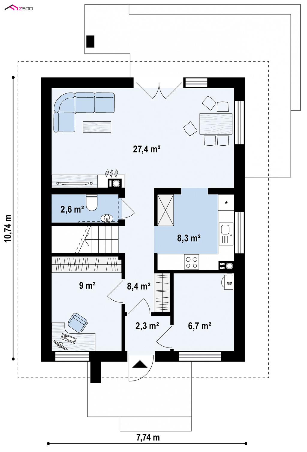 PARTER: 69,3 m2 Sień 2,55 m² Kuchnia 8,62 m² WC 2,8 m²