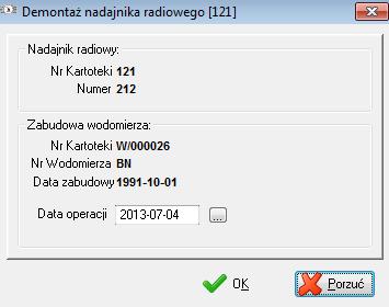 Po wprowadzeniu daty operacji i naciśnięciu OK. operacja demontażu zostanie wykonana kartoteka zmieni status na do zabudowy.