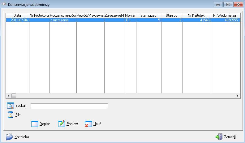 Historia konserwacji wodomierzy Po wywołaniu tej opcji wyświetlona zostanie tabela zawierająca wszystkie zaewidencjonowane w systemie operacje konserwacji wodomierza.