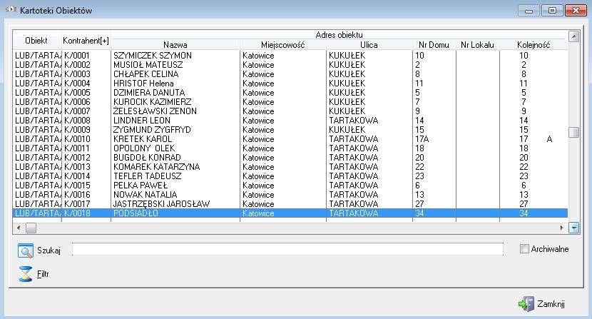 Obiekty Po wybraniu tej opcji wyświetlona zostanie tabela zawierająca wszystkie kartoteki obiektów
