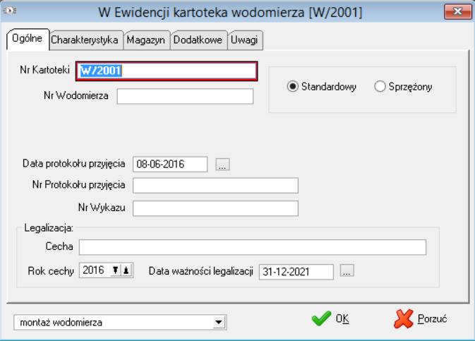 Przyjęcie wodomierza do ewidencji Operacja przyjęcia wodomierza do ewidencji polega na założeniu w systemie kartoteki dla tego wodomierza.