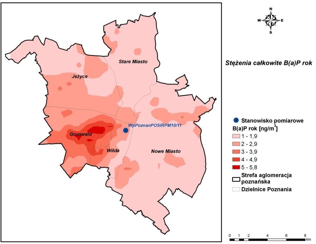 Rysunek 59. Stężenia benzo(a)pirenu o okresie uśredniania wyników rok w strefie aglomeracja poznańska, pochodzące z łącznej emisji wszystkich typów, w 2013 r. 6.