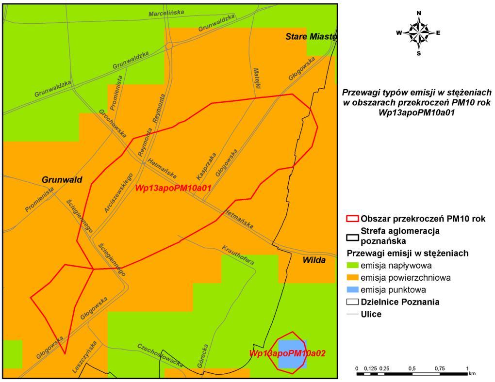 Rysunek 71. Przewagi typów emisji w stężeniach pyłu zawieszonego PM10 rok, w obszarze przekroczeń Wp13apoPM10a01, w strefie aglomeracja poznańska, w 2013 r.