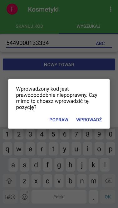 Jeżeli wyszukiwarka nie odnajdzie pasujących towarów do wpisanego ciągu znaków pojawi się przycisk Nowy towar. Po kliknięciu przycisku użytkownik może wprowadzać informację o pozycji(rysunek 14).