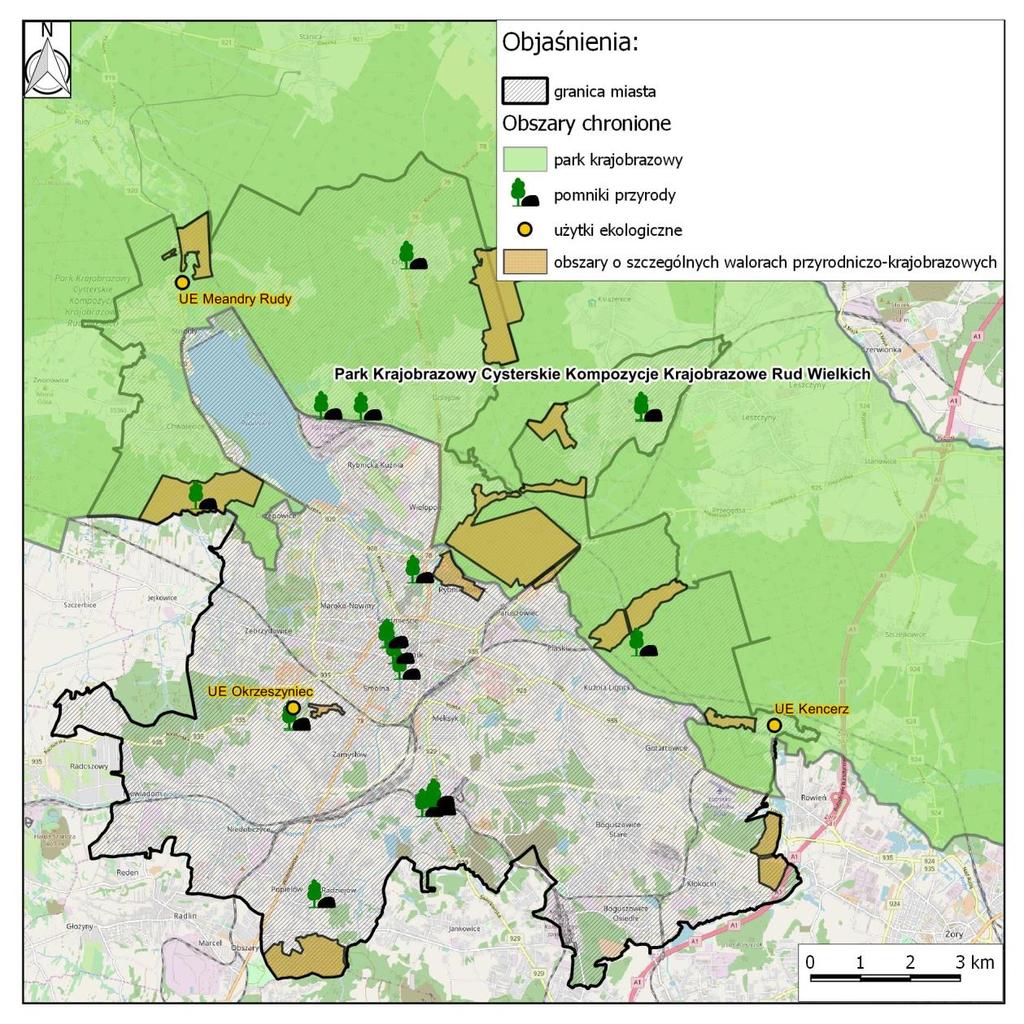 Rysunek 1 Obszary chronione i cenne przyrodniczo Do form ochrony przyrody występujących w mieście zalicza się: Park Krajobrazowy Cysterskie Kompozycje Krajobrazowe Rud Wielkich Park Krajobrazowy