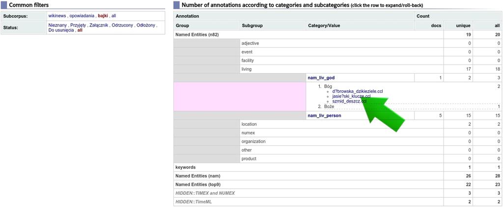 25 2. Lista anotacji w (pod)korpusie 2.1. Przejdź do sekcji Annotations 2.2. Wybierz podkorpus i status dokumentów 2.3.