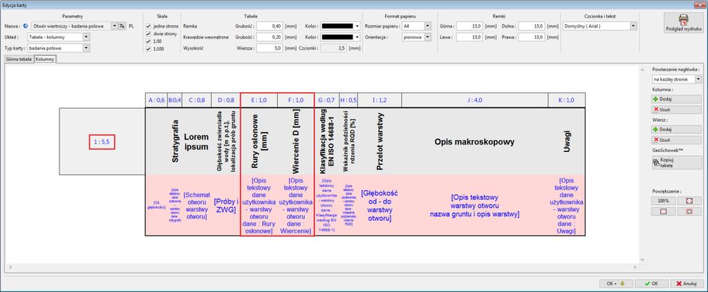 Podobnie postępujemy z kolumną F, w której zamieszczone będą informacje o wierceniu,