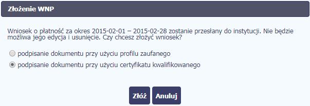 Na ekranie system zaprezentuje komunikat o podpisie wniosku i wysyłce do Instytucji Zarządzającej RPO WK-P.