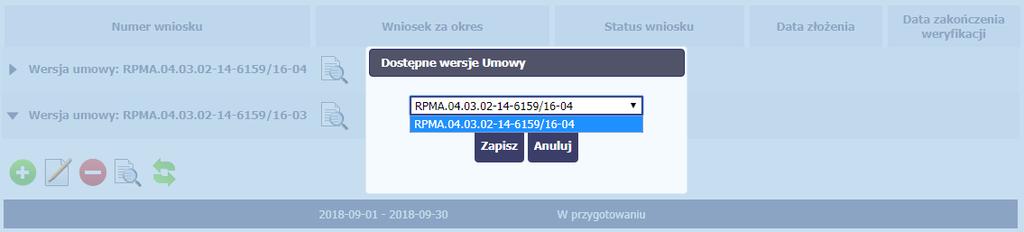 Wybierz wersję umowy, do której chcesz przepiąć wniosek i zaakceptuj wybór funkcją Zapisz. Pojawi się komunikat o nieodwracalności zmian.