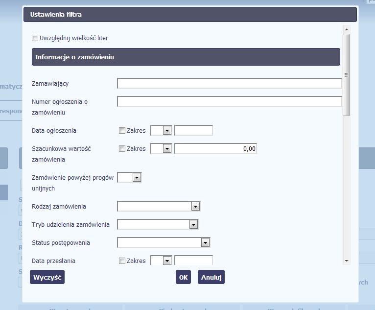 W otwartym oknie Ustawienia filtra zawierającym wszystkie pola z obu sekcji, możesz