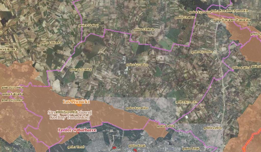 Rys. 8. Mapa obszarów chronionych na obszarze gminy Łysomice Źródło: www.geoserwis.gdos.gov.pl, dostęp: 31.10.2015 r.