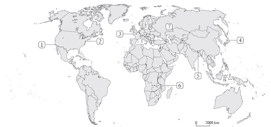 Obszar (numer na mapie) 1 Dominujący rodzaj upraw 2 3 Zadanie 19.( 0-3 pkt.) Na mapie świata zaznaczono cyframi od 1 do 7 wybrane okręgi przemysłowe.