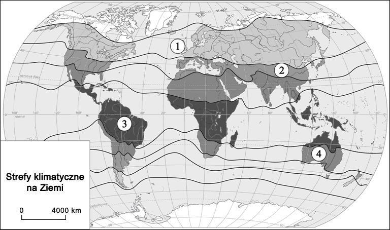 Zadanie 16.( 0-4 pkt.) Na mapie stref klimatycznych numerami 1 4 oznaczono wybrane obszary.