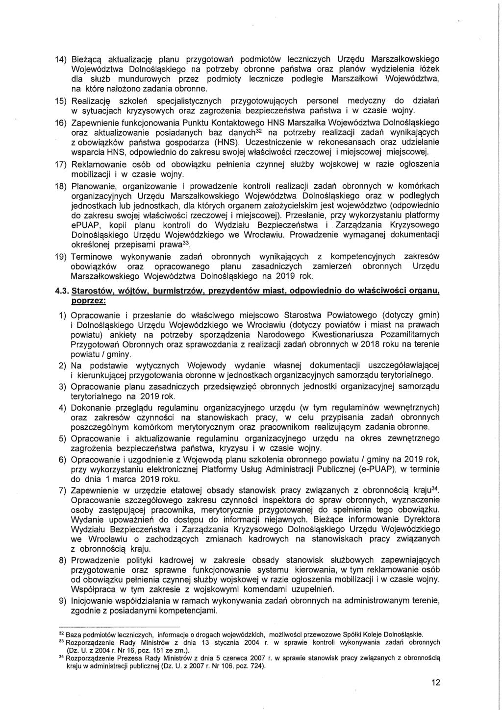 4) Bieżącą aktualizację planu przygotowań podmiotów leczniczych Urzędu Marszałkowskiego Województwa Dolnośląskiego na potrzeby obronne państwa oraz planów wydzielenia łóżek dla służb mundurowych