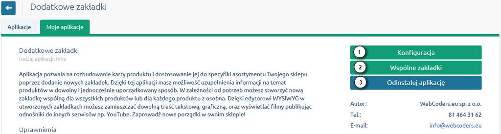 8 Włączanie / wyłączanie aplikacji Aby wyłączyć aplikację ustaw opcję Włączona na NIE (rys. 8 opcja 1).