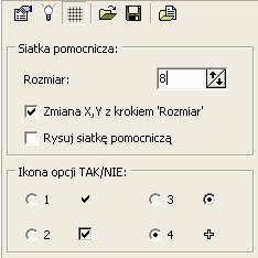 Siatka pomocnicza - ustawienia rozdzielczości siatki pomocniczej Ikona opcji TAK/NIE - ustawienie sposobu wyświetlania wyboru alternatywnego w ustawieniach LCD Opcja wczytania / zapisu wszystkich