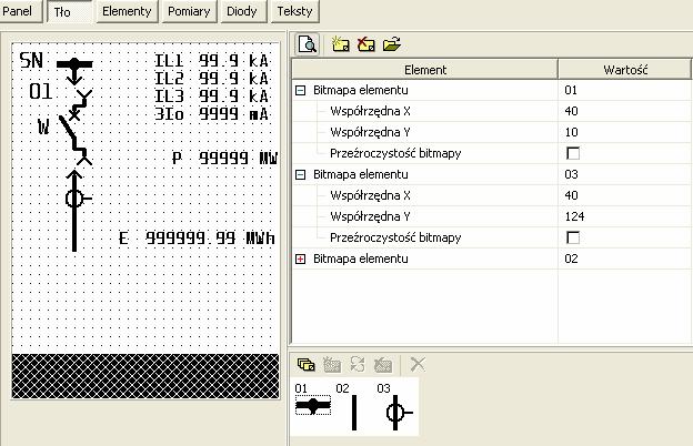 Konfiguracja LCD - Panel Dodanie / usunięcie elementu na LCD Import ustawień elementów tła z wcześniej zapisanego pliku ustawień wyświetlacza Okno występujących obiektów z podanym nr obiektu (wg