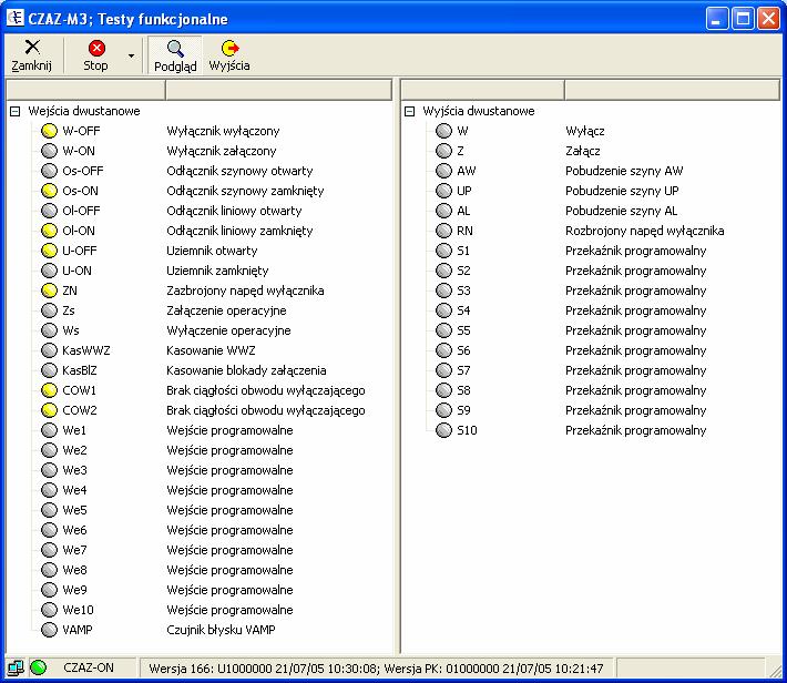 8.1. Testy funkcjonalne Po otwarciu okna Testy funkcjonalne zespół pozostaje nadal w stanie normalnej pracy (podglądu), a użytkownik może obserwować bieżące stany wejść i wyjść.