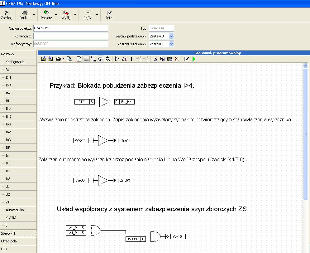 9. Logika programowalna 9.1. Opis okna Sterownik CZAZ-UM jest zabezpieczeniem w pełni konfigurowalnym dlatego do tego celu został przeznaczony interfejs do tworzenia indywidualnych układów logicznych.