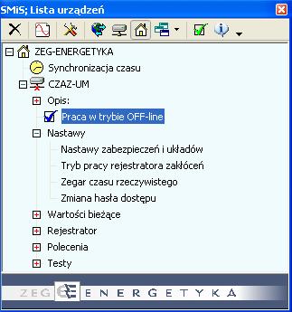 3. Opcja - Praca w trybie OFF-line Ustawienie obsługi danego urządzenia w trybie off-line odbywa się w oknie Lista urządzeń, w bloku dotyczącym danego urządzenia - Praca w trybie OFF-line.