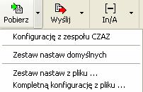 Pobieranie nastaw (domyślnie z zespołu CZAZ) : z zespołu CZAZ-UM z domyślnych nastaw producenta z pliku nastaw (import nastaw