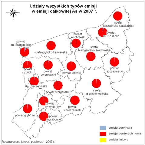 Mapa 3.4. Udziały emisji As, Cd, Ni i B(a)P do powietrza w strefach województwa zachodniopomorskiego według oceny za 2007 r.