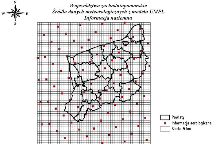 Rysunek 3.1. Rozmieszczenie wirtualnych stanowisk meteorologicznych z informacja naziemną według modelu UMPL (ICM). Rysunek 3.2.