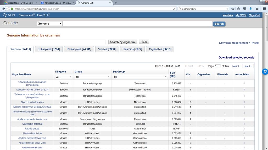 Genomy różnych organizmów 2016 2017