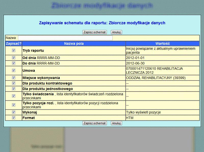 Na tym okienku przede wszystkim należy podać nazwę schematu, który zapisujemy. Możemy też skorzystać z checkboxów poniżej, aby określić które z parametrów naszego raportu mają zostać zapisane.