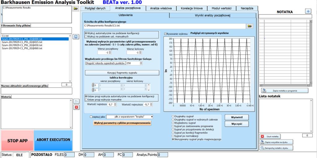 oraz wyniki detekcji cykli magnesowania. Zrzuty ekranu prezentujące GUI aplikacji BEATa podczas analizy początkowej przedstawiono na rysunkach 3.5 