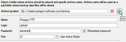- Archive location. Podaj pełną ścieżkę do wymaganej lokalizacji FTP; - Name. Ustaw nazwę serwera FTP (opcjonalnie); - Login. Podaj nazwę użytkownika dla dostępu do serwera FTP; - Password.