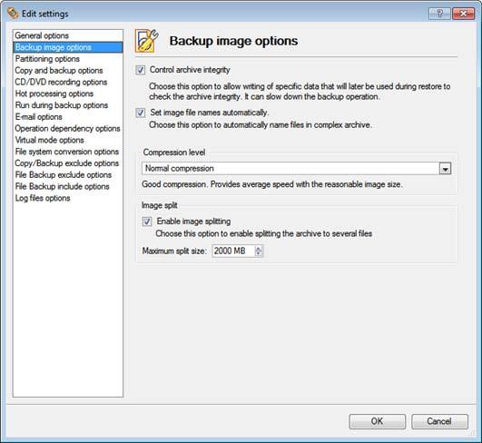 Backup Image Options Sekcja ta zawiera zestaw opcji, dotyczących operacji przywracania/tworzenia kopii zapasowych: Control archive integrity.