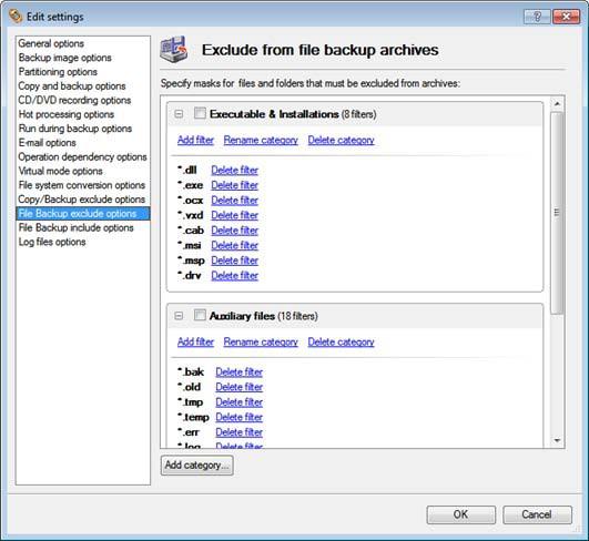 File Backup Exclude Options W sekcji tej możesz znaleźć wiele przygotowanych już filtrów wykluczenia, aby efektywnie kontrolować zawartość obrazów kopii zapasowych opartych na plikach.