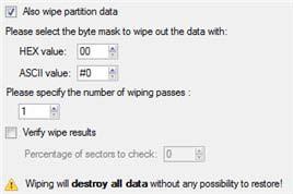 Aby dodatkowo zniszczyć dane znajdujące się na partycji, kliknij przycisk More options w dolnej części okna dialogowego, aby określić: Select the byte mask.