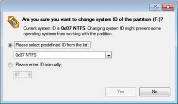 - Wybierz w Main Menu: Partition > Modify > Change Partition ID - W Explorer Bar: kliknij na aktualny identyfikator partycji.