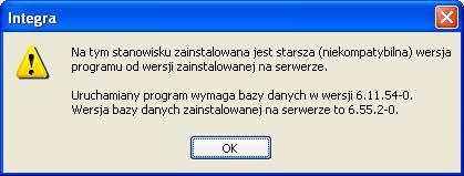 niekompatybilności wersji zainstalowanej na serwerze z wersją uruchamianą na stanowisku na przykładzie wybranej wersji bazy danych W przypadku wystąpienia komunikatu o niekompatybilności wersji bazy