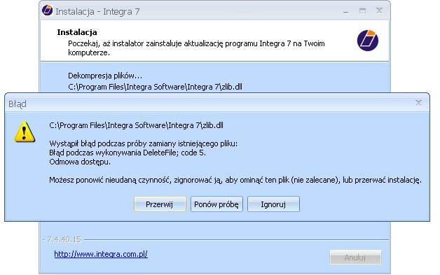 3. Pojawił się komunikat o uruchomionym pliku zlib.dll. Co trzeba zrobić? W przypadku komunikatu z Rys. 18, należy kliknąć w przycisk Ignoruj. Aktualizacja powinna być kontynuowana.