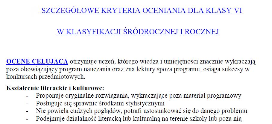 WYMAGANIA PROGRAMOWE Z JĘZYKA POLSKIEGO NA POSZCZEGÓLNE OCENY W