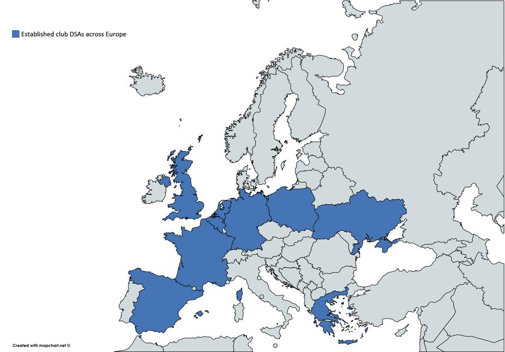 Mapa pokazująca położenie istniejących, klubowych DSA w Europie Obecnie, oprócz klubowych DSA, istnieje również siedem Krajowych Stowarzyszeń Kibiców Niepełnosprawnych (NDSA).
