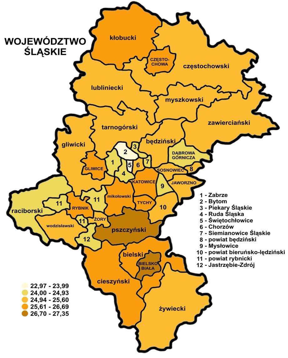 6. Wyniki sprawdzianu 2008 w powiatach województwa śląskiego Zamieszczona poniżej mapa konturowa województwa śląskiego pokazuje terytorialne zróżnicowanie ze względu na średnie wyniki sprawdzianu.