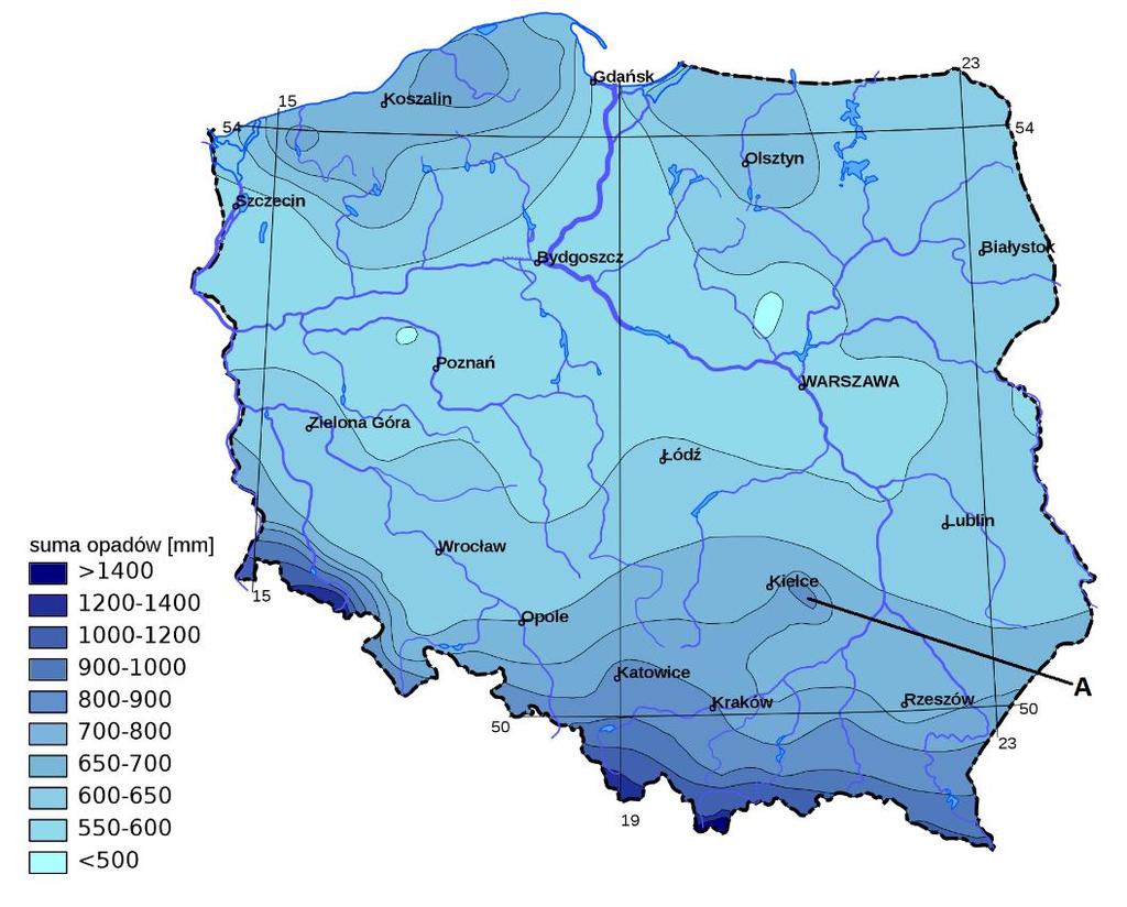 Zadanie 8 (0-2p.) Na mapce przedstawiono rozkład średnich rocznych sum opadów atmosferycznych w Polsce. Literą A oznaczono wybrany obszar. a) (0-1p.