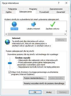 W zakładce [Zabezpieczenia] dla strefy Internet należy