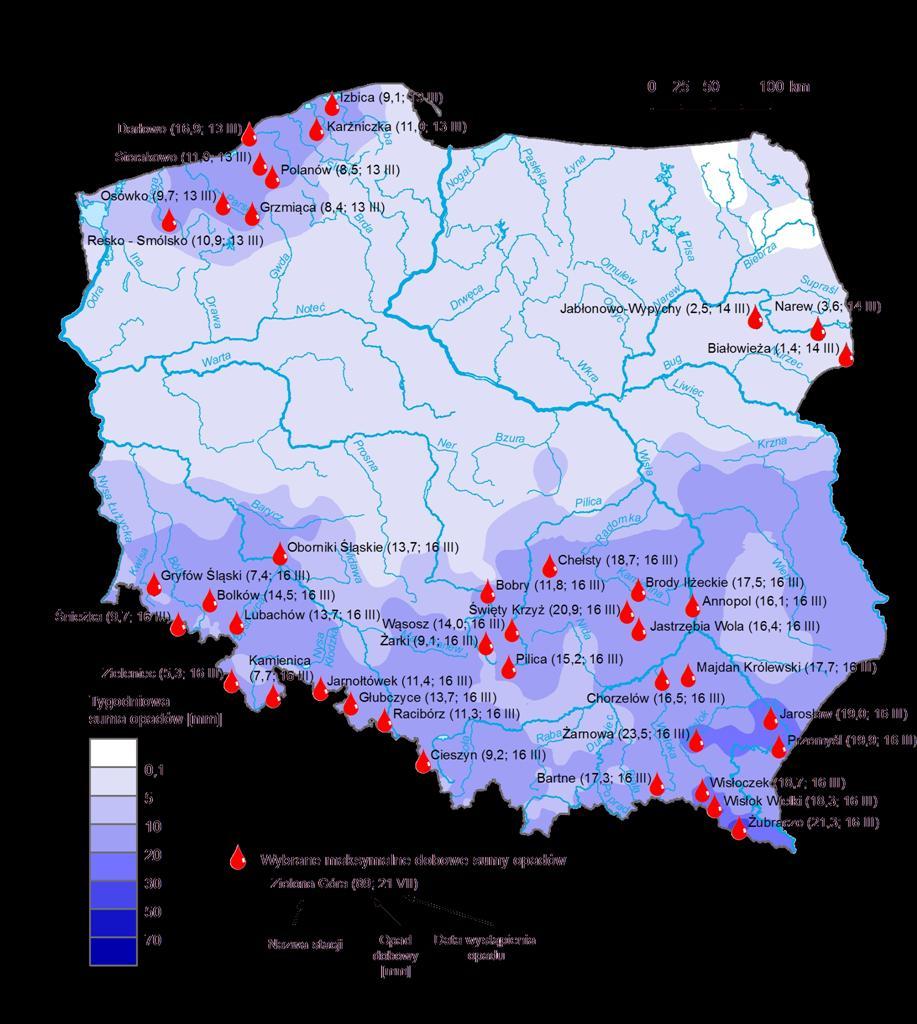 3. Rozkład tygodniowej sumy opadów oraz wybrane maksymalne